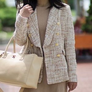 Bloomingdales Aqua | Tweed Double-Breasted Blazer | Khaki Pink